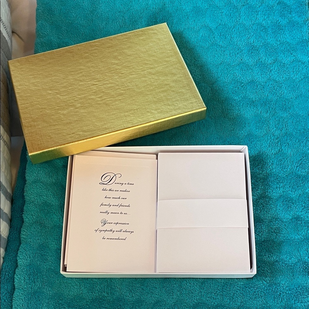20 Sympathy cards inside Gold Textured Box . 10 cards and 10 envelopes
